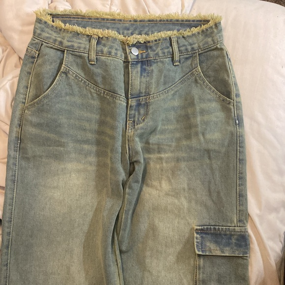 Multi-Pocket Jeans Washed Cargo Pants Mid Waist Jeans Casual Wide Leg Long - Picture 2 of 2